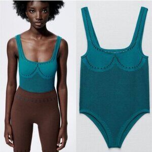 ZARA | Seamless Perforated Bodysuit Top Teal Blue Green Sz XS Small
